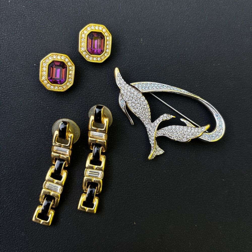 Swarovski Crystal Jewelry Lot – Double Swan Brooch & Clip Earrings